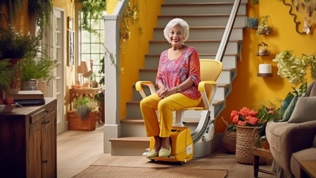 Ältere Frau sitzt auf einem Treppenlift